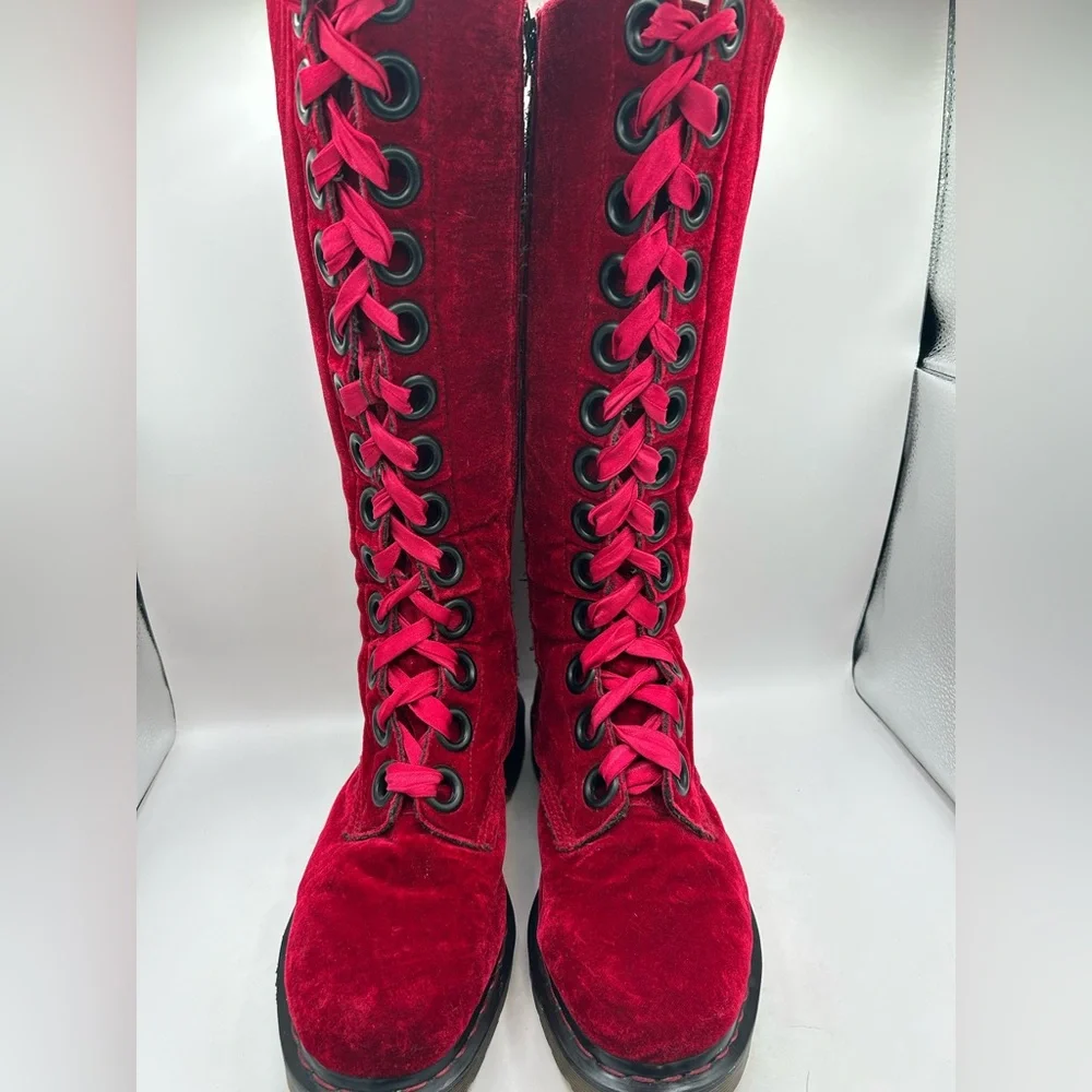 RARE Dr Martens red velvet  20 eye tall knee high zip Combat boots Men10 Women11 - Picture 6 of 16